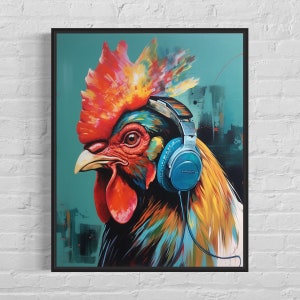 Rooster with Headphones Art Print, Dog Wall Art Poster, Original Paint Artwork, Rooster Gift