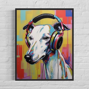 Whippet with Headphones Art Print, Dog Wall Art Poster, Original Paint Artwork, Whippet Gift