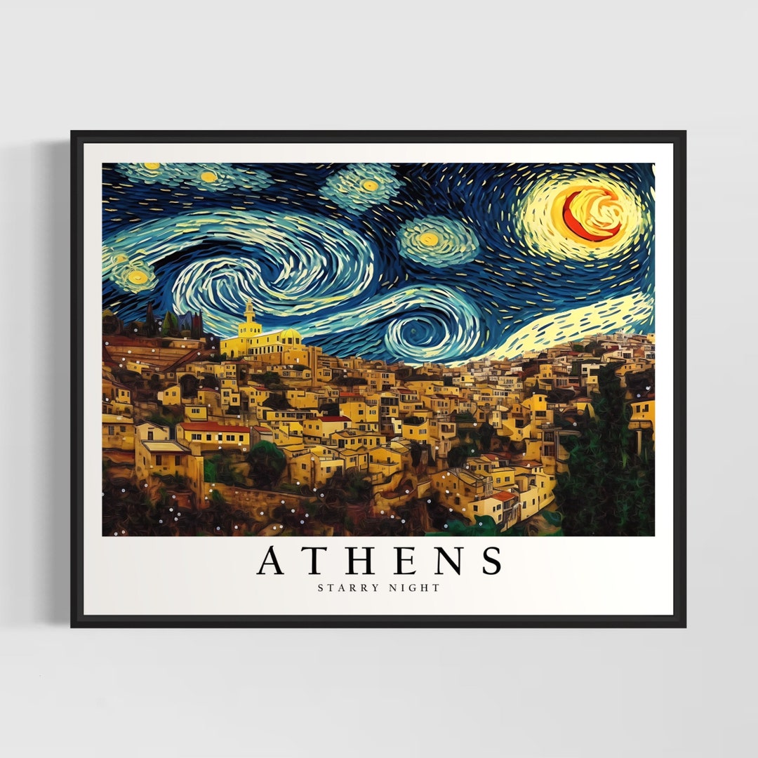 Athens Starry Night Art Print, Van Gogh Athens Poster Wall Art
