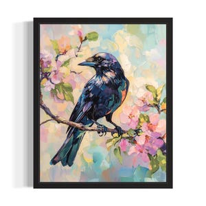 American Crow Bird with Flowers Poster Art Print, Living Room Wall Art Poster, Original Paint Artwork, Artwork Decor