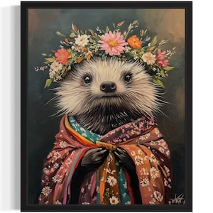 Porcupine Animal With Flower Art Print, Wall Art Poster, Original Paint Artwork, Artwork Decor