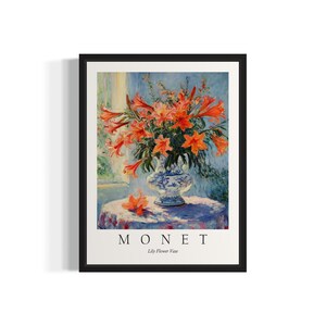 Impresión artística de bodegón de Monet con jarrón de flores de lirio, póster de arte de pared, obra de arte de pintura original, decoración de obras de arte