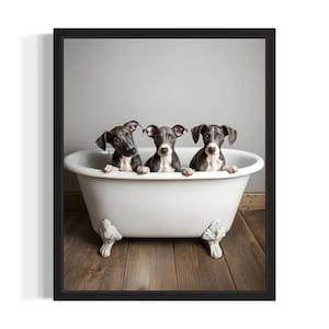Greyhound Puppies in Bathtub Poster Art Print, Bathroom Wall Art Poster, Original Paint Artwork, Artwork Decor