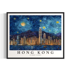 Hong Kong Starry Night Art Print, Van Gogh Hong Kong Poster Wall Art, Original Hong Kong Painting Decor