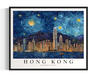Hong Kong Starry Night Art Print, Van Gogh Hong Kong Poster Wall Art, Original Hong Kong Painting Decor