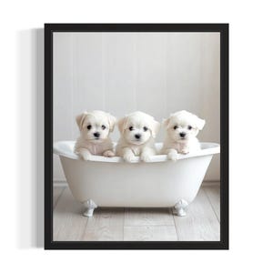 Maltese Puppies in Bathtub Poster Art Print, Bathroom Wall Art Poster, Original Paint Artwork, Artwork Decor