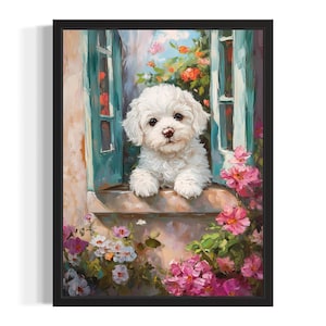 Maltese by Window Black and White Poster Art Print, Living Room Wall Art Poster, Original Paint Artwork, Artwork Decor