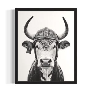 Cow Viking Black and White Poster Art Print, Living Room Wall Art Poster, Original Paint Artwork, Artwork Decor