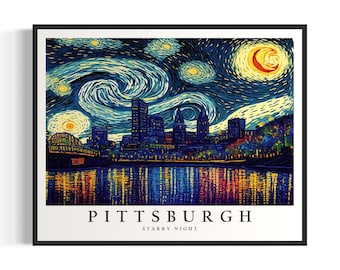 Pittsburgh Starry Night Art Print, Van Gogh Pittsburgh Poster Wall Art, Original Pittsburgh Painting Decor