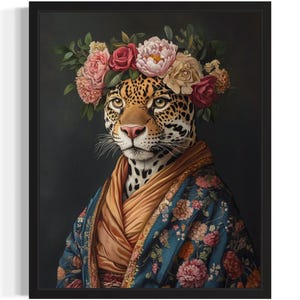 Jaguar Animal With Flower Art Print, Wall Art Poster, Original Paint Artwork, Artwork Decor