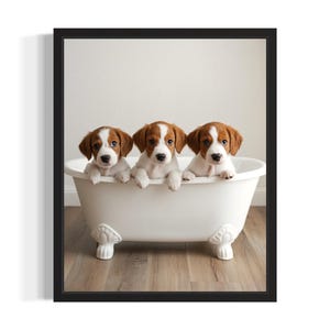 Pôster de filhotes de Spaniel Britânico na banheira, pôster de arte para parede de banheiro, pintura original, decoração de arte