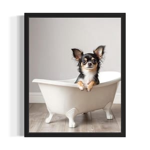 Chihuahua Black Puppies in Bathtub Poster Art Print, Bathroom Wall Art Poster, Original Paint Artwork, Artwork Decor