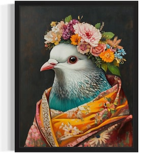 Pigeon Animal With Flower Art Print, Wall Art Poster, Original Paint Artwork, Artwork Decor