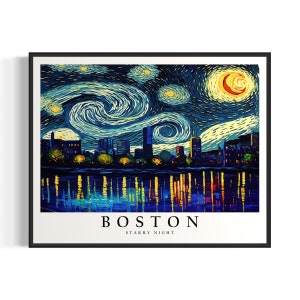 Boston Starry Night Art Print, Van Gogh Boston Poster Wall Art, Original Boston Painting Decor