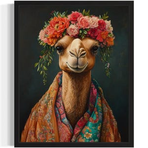 Camel Animal With Flower Art Print, Wall Art Poster, Original Paint Artwork, Artwork Decor
