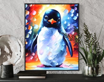 Abstrakcyjny wydruk artystyczny pingwina, wydruk obrazu pingwina, plakat, oryginalne dzieło sztuki malarskiej, sztuka ścienna pingwina, prezent dla miłośnika pingwinów