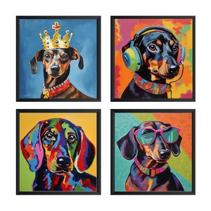 Dackel Kunstdruck, Dackel Poster, Dackel Wandkunst (4er Set) Ungerahmt.