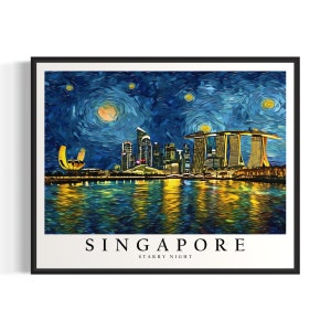 Impressão artística da noite estrelada de Cingapura, pôster de parede de Van Gogh em Cingapura, decoração de pintura original de Cingapura