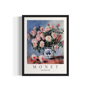 Impresión artística de bodegón de Monet con rosas en jarrón de flores, póster de arte de pared, obra de arte de pintura original, decoración de obras de arte