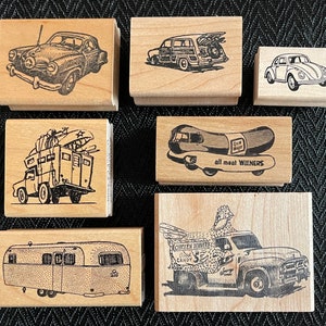 Rubber Stamps, of vintage cars, a camper, travel trailer, and the Weinermobile