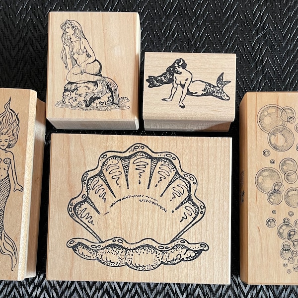 Rubber Stamps of Mermaids, Large Opened Oyster Shell, and Bubbles