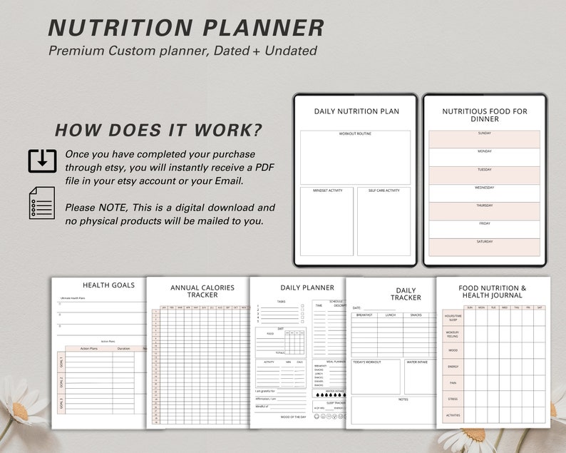 May include: Digital nutrition planner with sections for daily plans, health goals, and food journals. The planner includes sections for workout routines, mindset activities, and self-care activities. The text on the image says "Nutrition Planner".