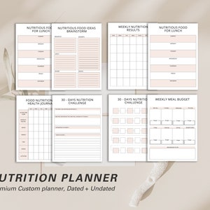 May include: A collection of undated nutrition planner pages with a soft, neutral color palette. The pages include sections for meal planning, tracking nutrition, and setting goals. The text "NUTRITION PLANNER" is displayed at the bottom.