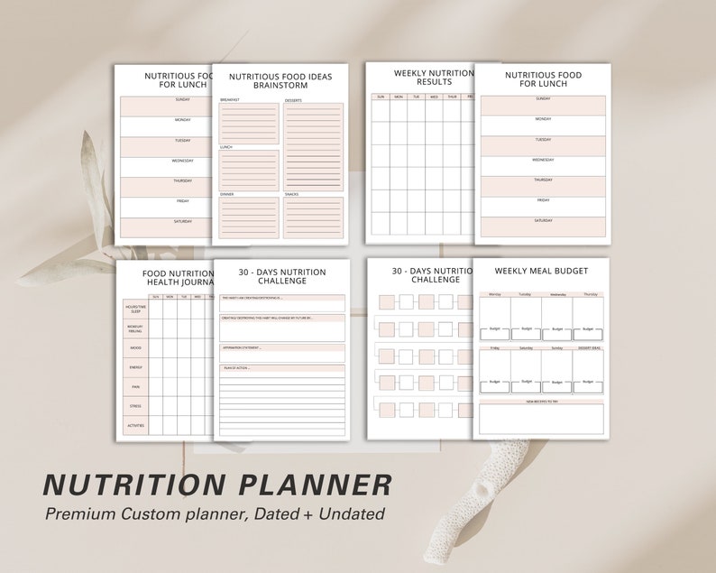 May include: A collection of undated nutrition planner pages with a soft, neutral color palette. The pages include sections for meal planning, tracking nutrition, and setting goals. The text "NUTRITION PLANNER" is displayed at the bottom.
