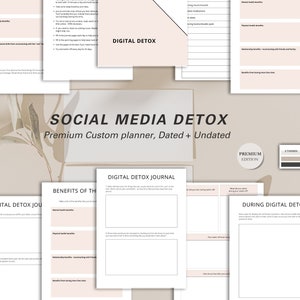 May include: A selection of white and beige Social Media Detox planners, featuring the text "DIGITAL DETOX" and "SOCIAL MEDIA DETOX". The planners include sections for journaling and planning, with the words "Premium Custom planner, Dated + Undated".