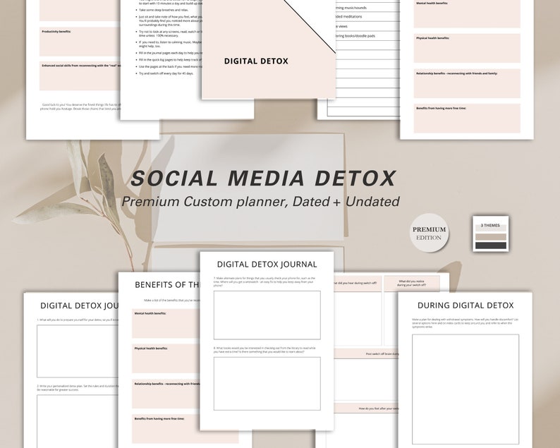 May include: A selection of white and beige Social Media Detox planners, featuring the text "DIGITAL DETOX" and "SOCIAL MEDIA DETOX". The planners include sections for journaling and planning, with the words "Premium Custom planner, Dated + Undated".