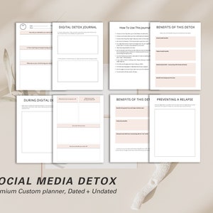 May include: A digital detox journal with pages for tracking progress and benefits. The journal includes sections for daily reflections, goal setting, and preventing relapse. The title "SOCIAL MEDIA DETOX" is displayed at the bottom of the image.