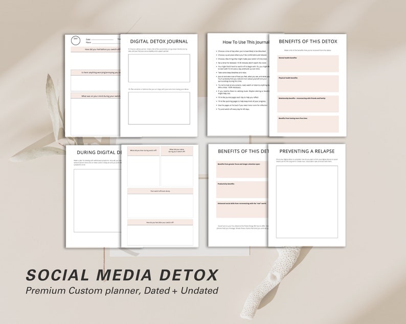 May include: A digital detox journal with pages for tracking progress and benefits. The journal includes sections for daily reflections, goal setting, and preventing relapse. The title "SOCIAL MEDIA DETOX" is displayed at the bottom of the image.