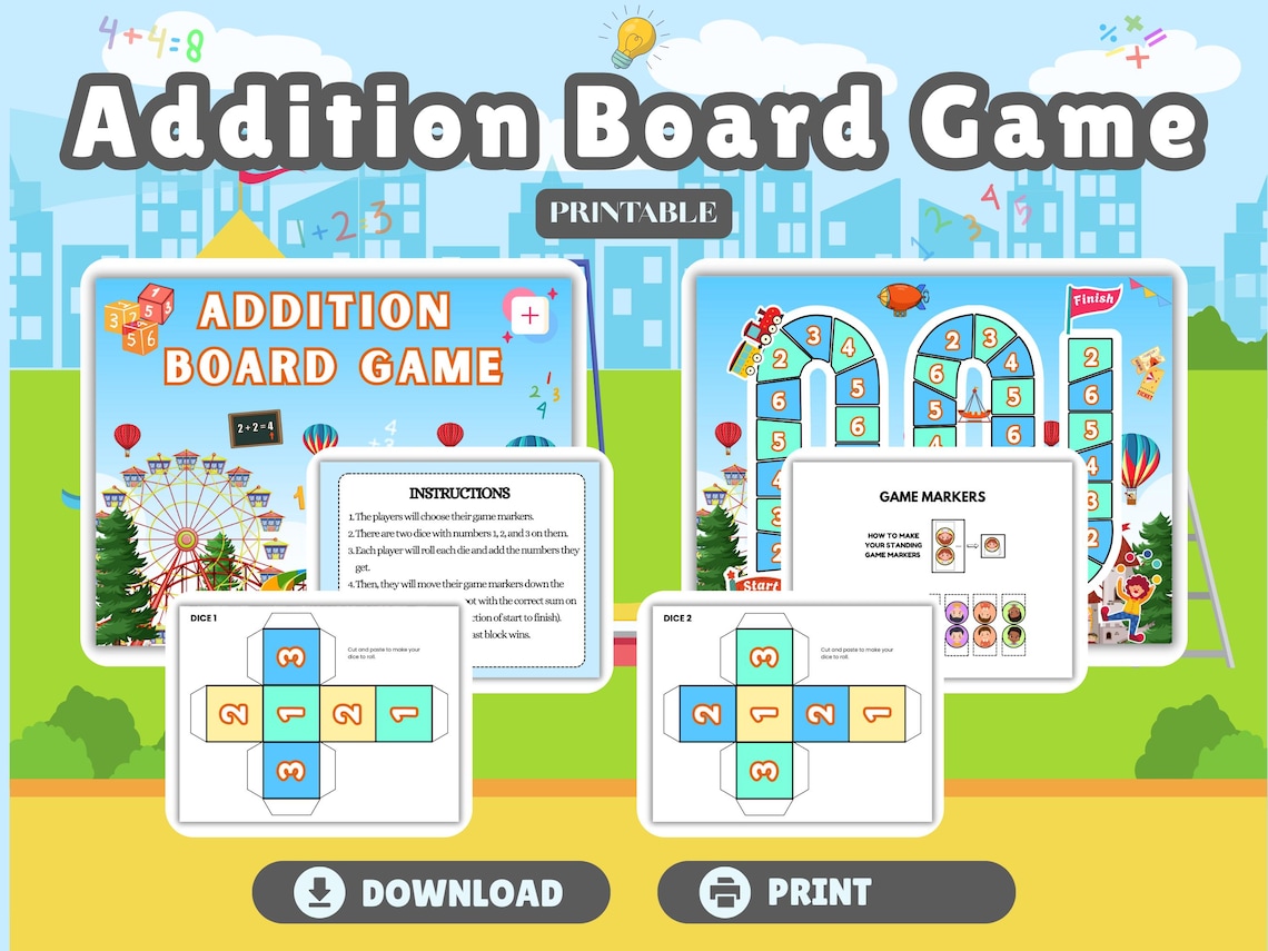 Addition Math Board Game – Printable Kids Learning Activity (digital ...