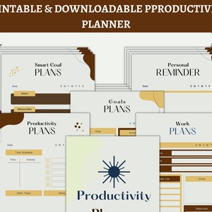 Puede incluir: Un conjunto de páginas de planificador de productividad imprimibles y descargables. Las páginas tienen un fondo blanco con detalles en marrón y dorado. El planificador incluye secciones para objetivos inteligentes, recordatorios personales y planes de trabajo. El texto "Productividad" es visible.