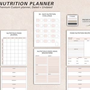 May include: A collection of printable nutrition planner pages. The pages include a 30-day nutrition challenge, a food journal, a recipe page, and a food ideas brainstorm section. The planner is in a neutral color palette with the text "NUTRITION PLANNER".