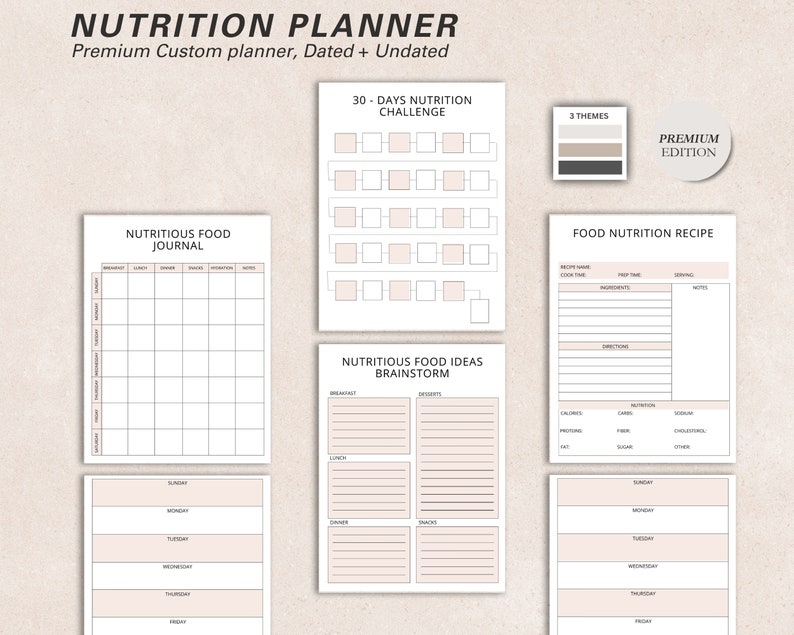 May include: A collection of printable nutrition planner pages. The pages include a 30-day nutrition challenge, a food journal, a recipe page, and a food ideas brainstorm section. The planner is in a neutral color palette with the text "NUTRITION PLANNER".
