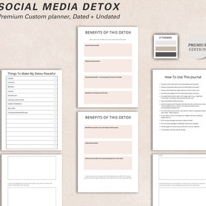 May include: A custom planner titled "SOCIAL MEDIA DETOX" with the text "Premium Custom planner, Dated + Undated." The planner includes pages for benefits, journaling, and a checklist. The design features a neutral colour palette with a "PREMIUM EDITION" label.