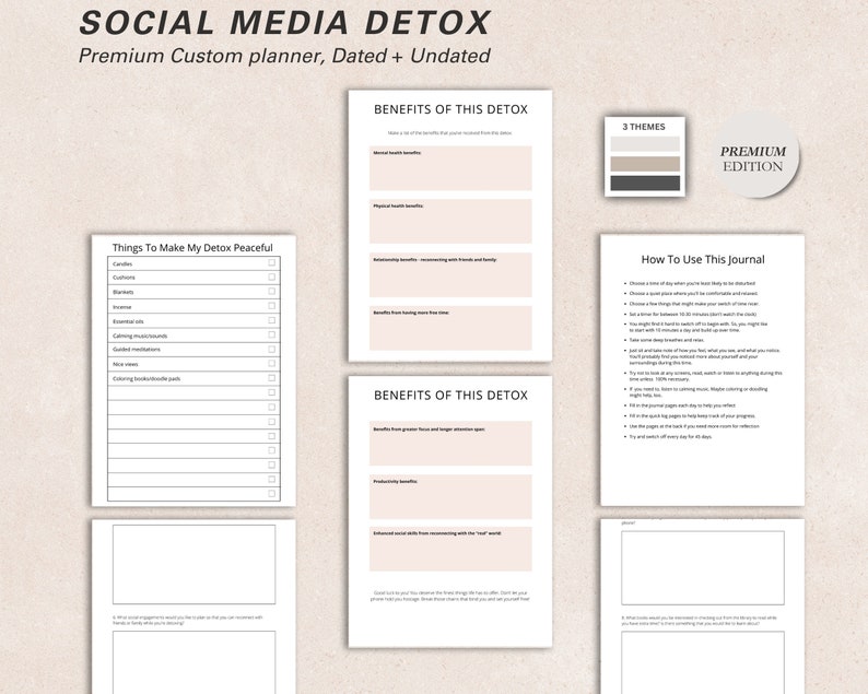 May include: A custom planner titled "SOCIAL MEDIA DETOX" with the text "Premium Custom planner, Dated + Undated." The planner includes pages for benefits, journaling, and a checklist. The design features a neutral colour palette with a "PREMIUM EDITION" label.