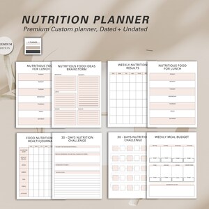 May include: A nutrition planner with a cream and blush color scheme. The planner includes sections for meal planning, food ideas, and tracking nutrition results. The cover reads "Nutrition Planner" and "Premium Custom planner, Dated + Undated."