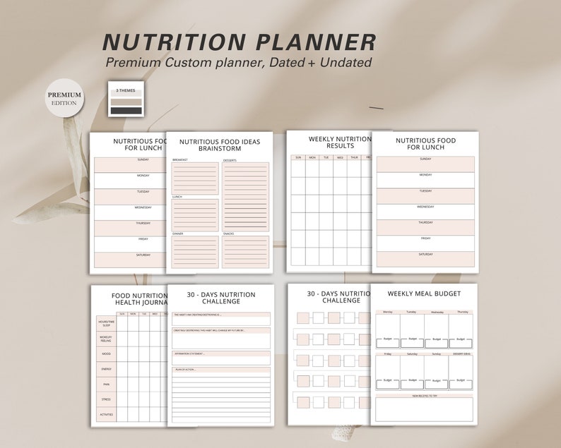 May include: A nutrition planner with a cream and blush color scheme. The planner includes sections for meal planning, food ideas, and tracking nutrition results. The cover reads "Nutrition Planner" and "Premium Custom planner, Dated + Undated."