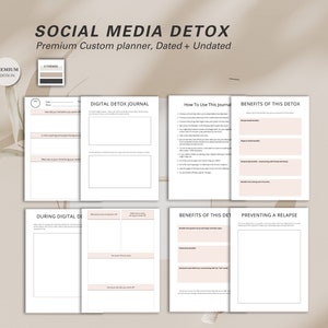 May include: A custom planner titled "SOCIAL MEDIA DETOX" with the text "Premium Custom planner, Dated + Undated." The planner has a beige and white colour scheme with sections for journaling and tracking progress. The planner includes the text "PREMIUM EDITION."