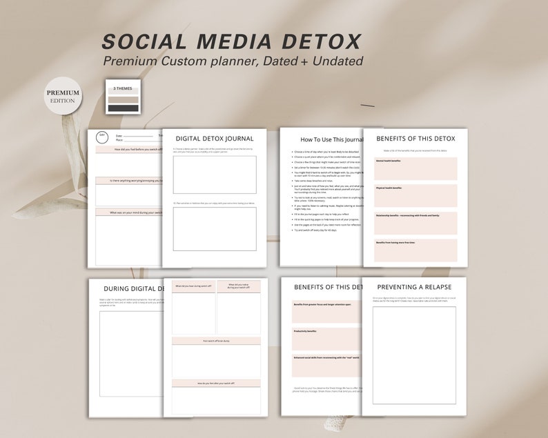 May include: A custom planner titled "SOCIAL MEDIA DETOX" with the text "Premium Custom planner, Dated + Undated." The planner has a beige and white colour scheme with sections for journaling and tracking progress. The planner includes the text "PREMIUM EDITION."
