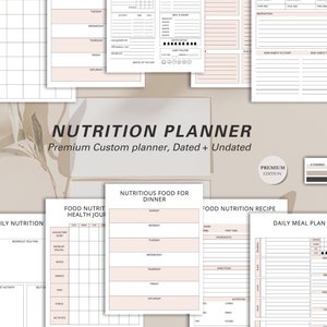 May include: A collection of printable nutrition planners with a neutral color scheme. The planners include sections for daily nutrition, meal planning, recipes, and health tracking. The text "NUTRITION PLANNER" is prominently displayed.