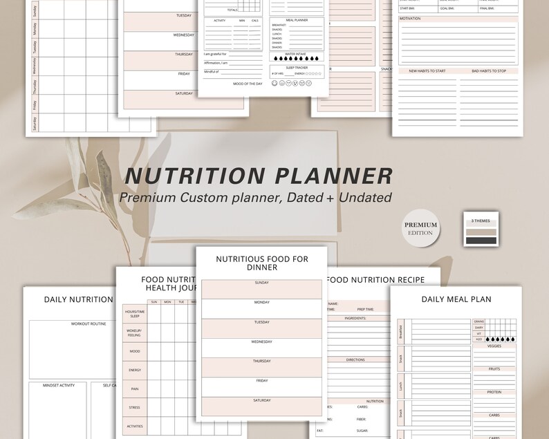 May include: A collection of printable nutrition planners with a neutral color scheme. The planners include sections for daily nutrition, meal planning, recipes, and health tracking. The text "NUTRITION PLANNER" is prominently displayed.