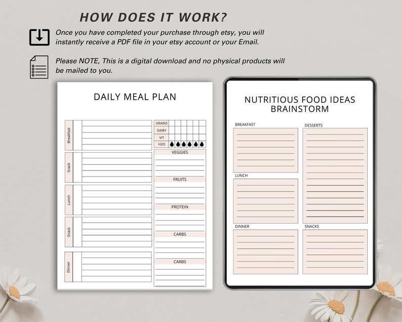 May include: Two digital meal plan templates. One is a daily meal plan with sections for breakfast, snack, lunch, snack, and dinner, with checkboxes for food groups. The other is a food ideas brainstorm template.