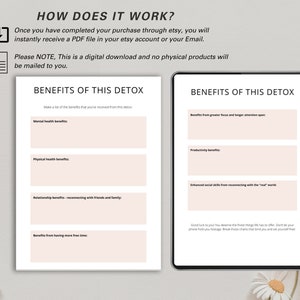 May include: Digital download titled "Benefits of This Detox" with fillable sections for mental and physical health, relationships, and free time. The image also includes instructions on how to receive the PDF file after purchase.