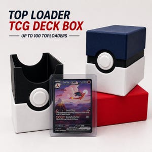 May include: A TCG deck box for up to 100 top loaders, featuring a blue, white, and red design with a central white circular button. The box is shown in two parts, one assembled and one open, with a Charizard EX trading card in a clear plastic sleeve.