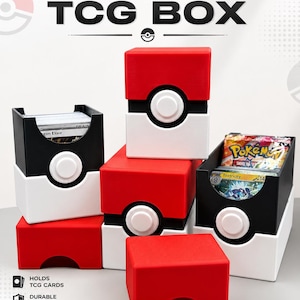May include: A collection of stackable trading card game storage boxes designed like red, white, and black Poké Balls. The boxes feature a central circular button, with some open to reveal internal card decks and packs labelled Pokémon and Train.
