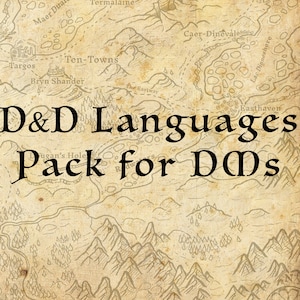 May include: A vintage-style map with the text "D&D Languages Pack for DMs" in a bold, black font. The map features geographical details, including towns and landmarks, with a parchment-like texture, suggesting a fantasy or role-playing game theme.