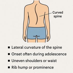 May include: Illustration of scoliosis, a condition that causes a sideways curve in the spine. The illustration shows a person with a curved spine, uneven shoulders, and a rib hump. The text "SCOLIOSIS" is at the top of the image. The text "Curved spine" is next to the illustration. The text below the illustration describes the condition: "Lateral curvature of the spine", "Onset often during adolescence", "Uneven shoulders or waist", and "Rib hump or prominence".
